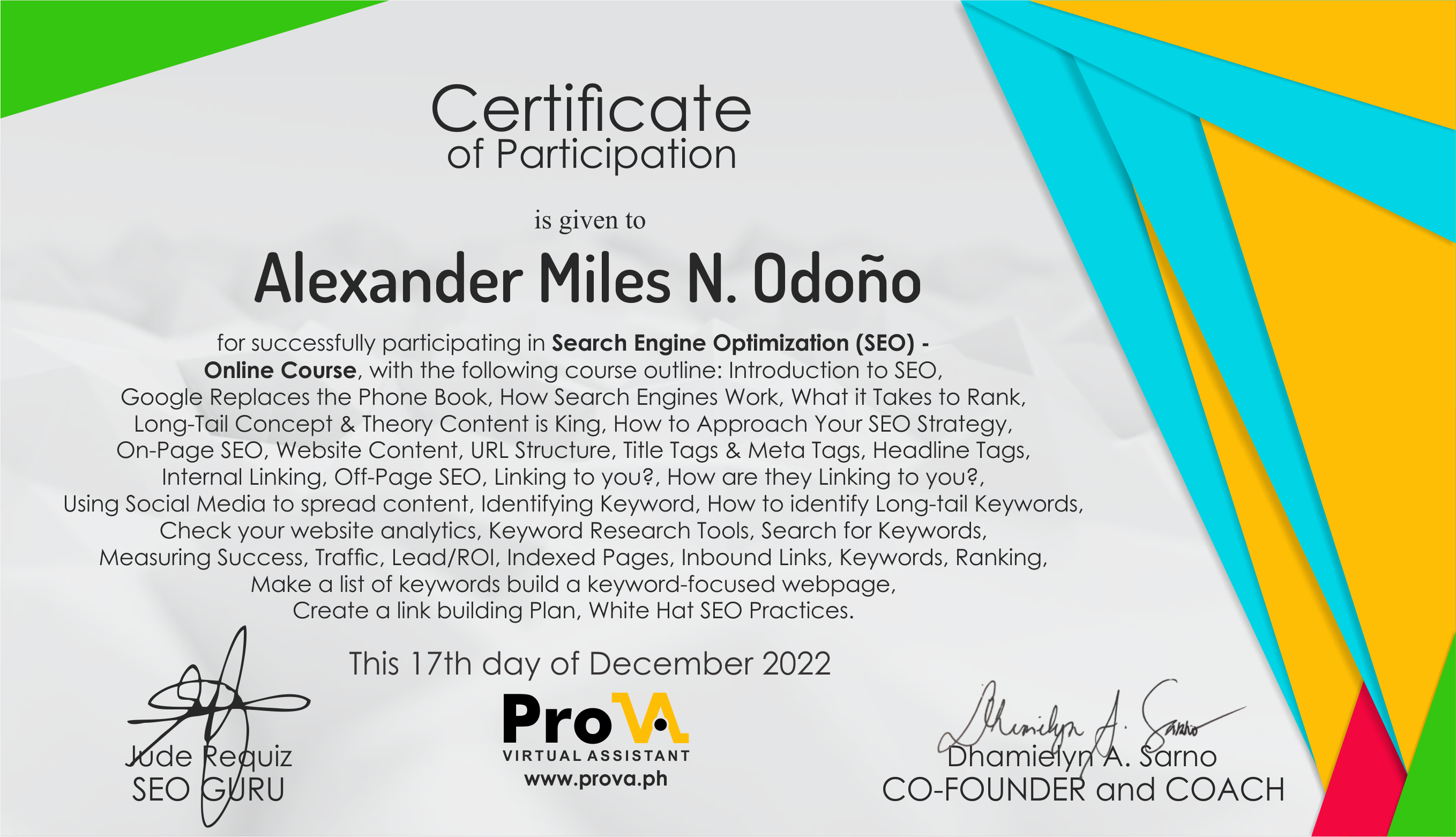 ProVA SEO Course Certificate- 2022 ProVA SEO Course Certificate- 2022